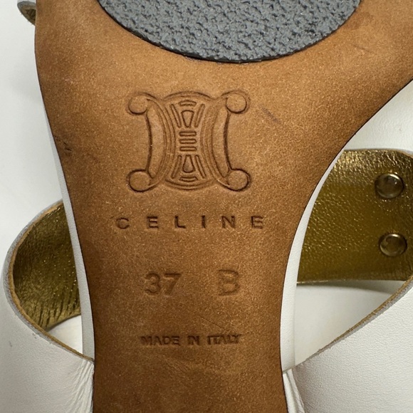 Celine Triomphe Heels High Heel Shoes Open Toe Leather White Gold Studs Size 37 - Picture 11 of 13